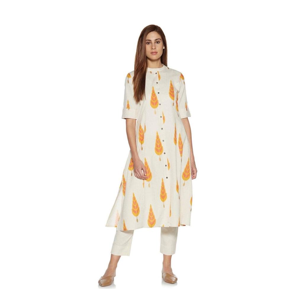 Utsa Printed Kurta Tunic Dress Cotton Linen Blend Button Down Boho Peasant XXL